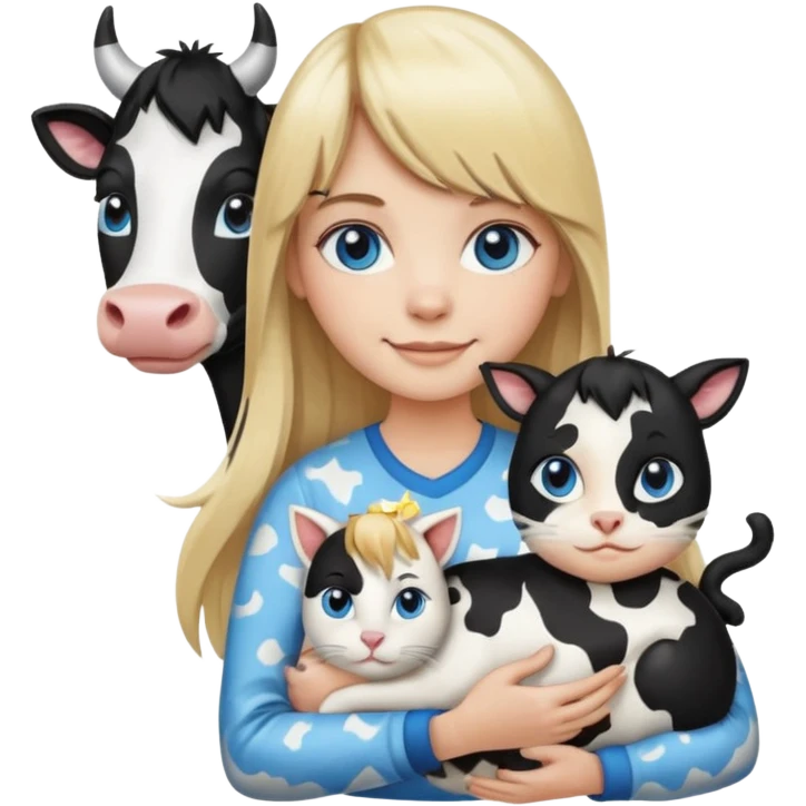 Apple-style emoji sticker of a young woman with long blond hair and straight bangs, blue eyes , holding a black-and-white cow-pattern cat on her chest, both smiling.  emoji