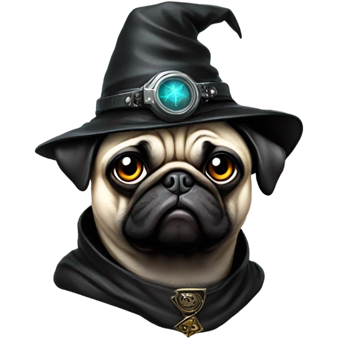 cyberpunk pug wearing a black wizard's hat emoji