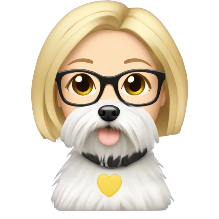 White girl blonde hair eyes closed wearing glasses hugs Yorkshire terrier  emoji