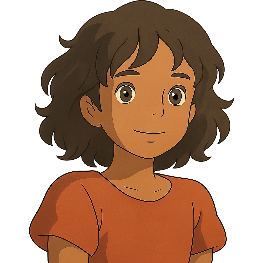 brown girl with wavy hair and brown eyes in ghibli style emoji
