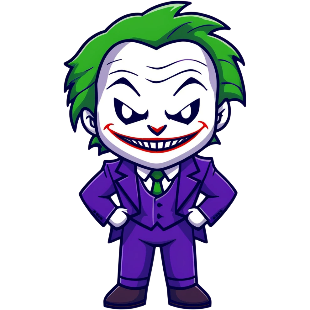 The Joker villain full body with green hair, purple suit, white face, red lips, sinister smile emoji