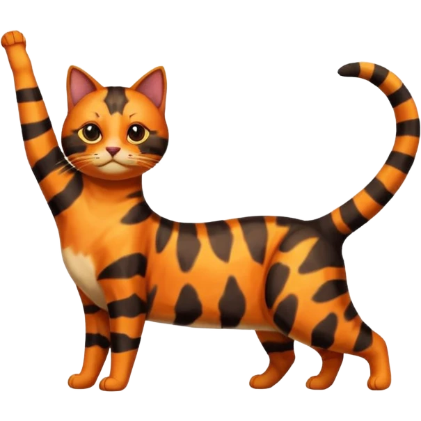 Realistic, tortoiseshell colored cat full body stretching  emoji