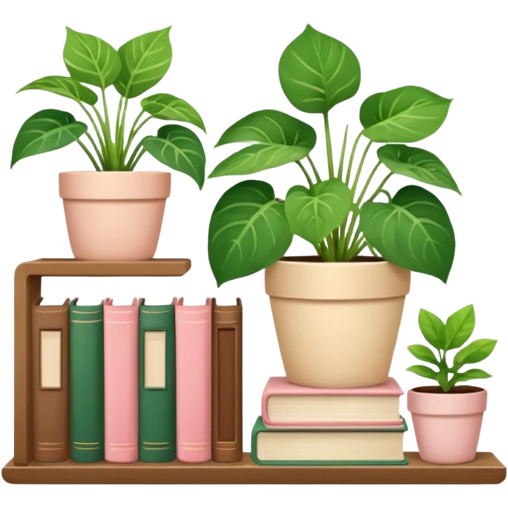 A cute book shelf with a potted pothos plant, and some cute others plants and a pile of books that are beige, cream and baby pink emoji