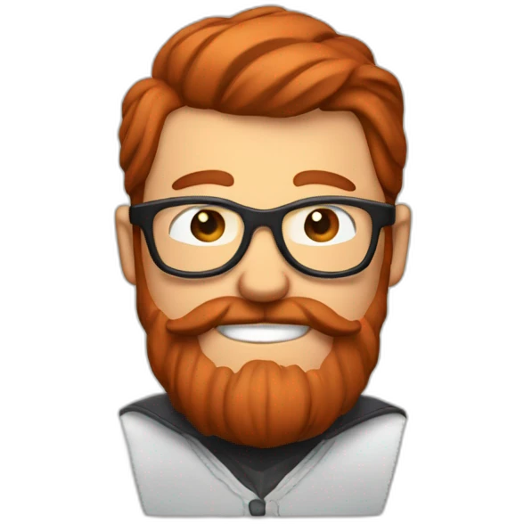 Red smooth haired man with beard and glasses stitching a saddle emoji