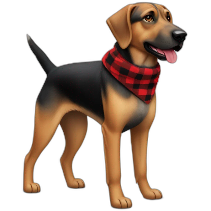 adult 75% Coonhound 25% German Shepherd mix dog with visible tail wearing small pointed red buffalo plaid bandana full body walking left emoji