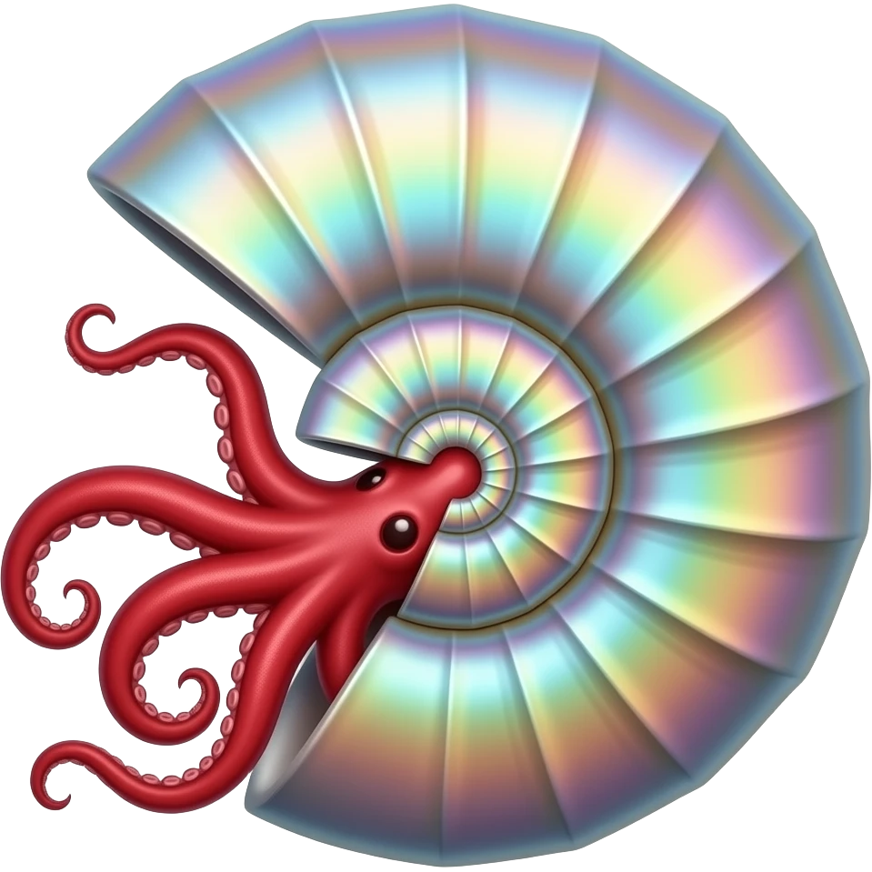 iridescent ammonite shell with red squid tentacles pointing left from the outside left.  The entire shell is a spiral, and the last large opening is where the animal emerges -- not the center. emoji