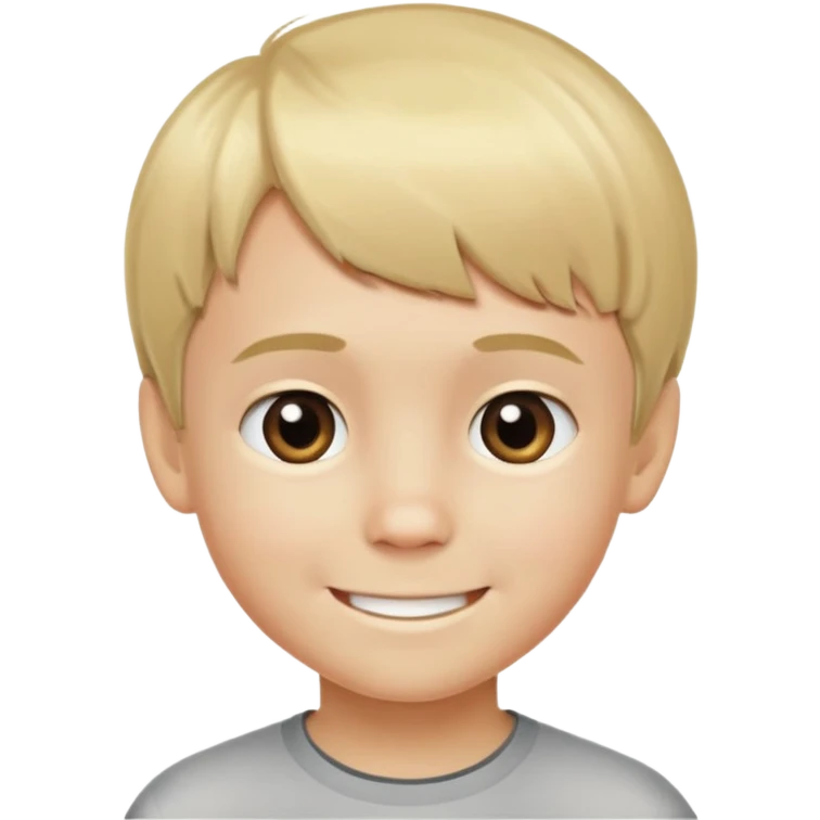 un niño rubio de pelo corto de 8 años con flequillo sobre la frente y sonriendo emoji