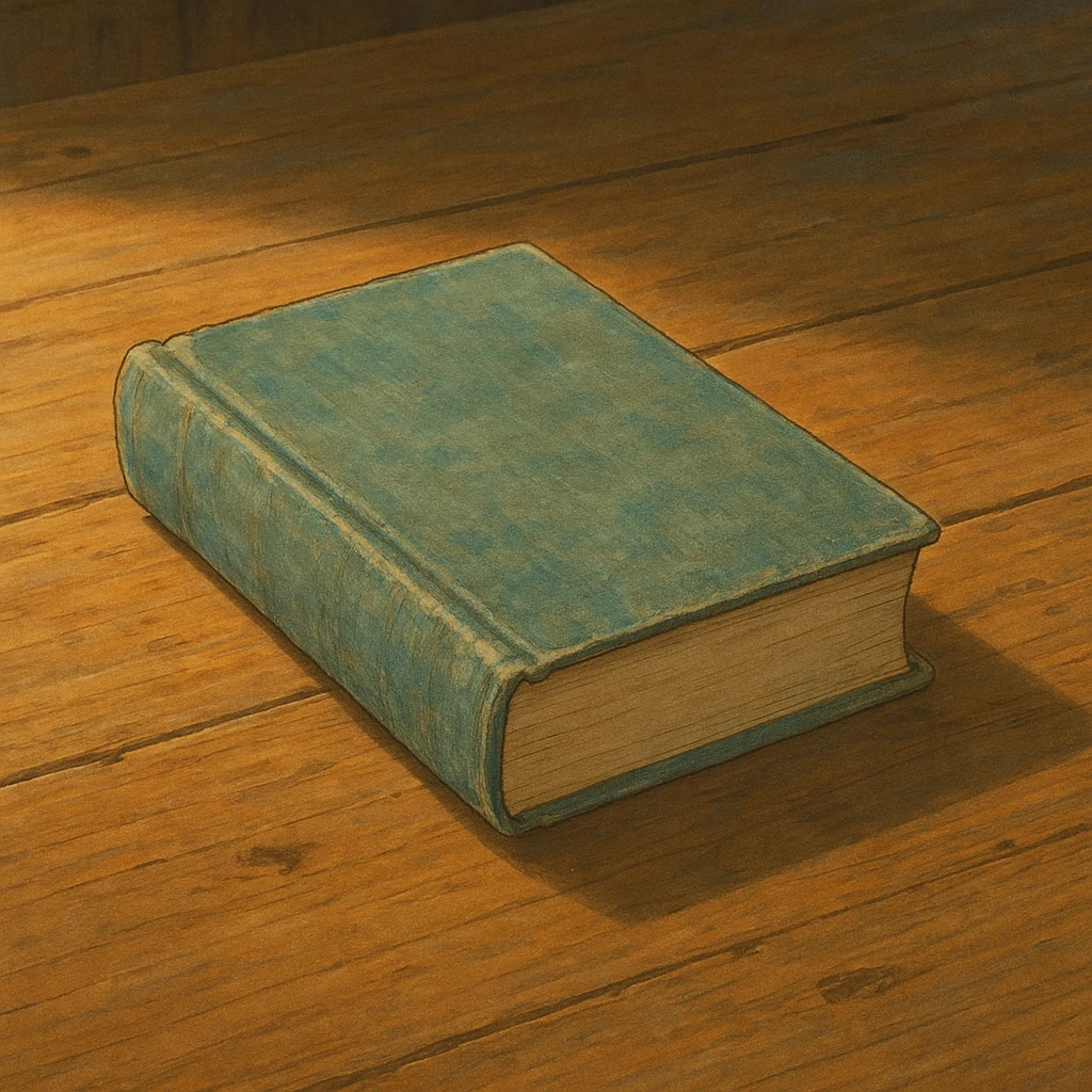 realistic ghibli style illustration of a book on a wooden table emoji