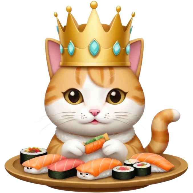 princess cat eating sushi, elegant crown, cute expression, emoji style emoji