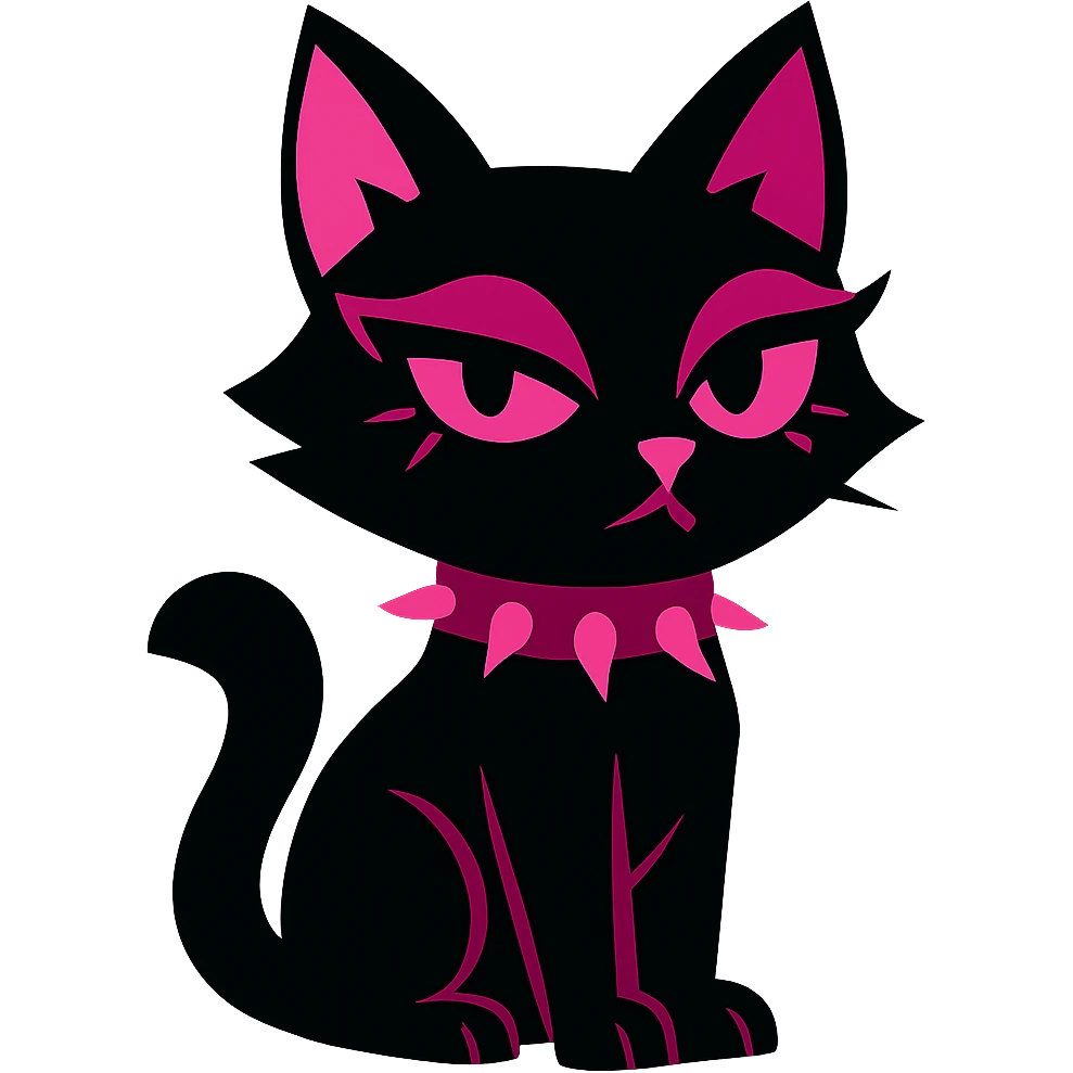 gothic cat with black and pink colors, spiked collar, dramatic eye makeup, vibrant toon style emoji