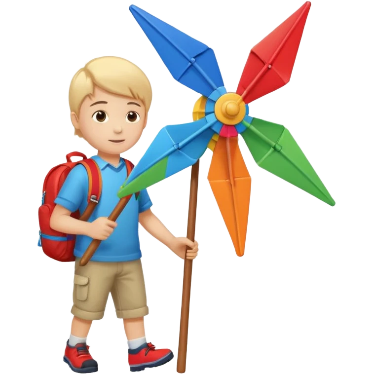 Boy carrying toy windmill backpack emoji