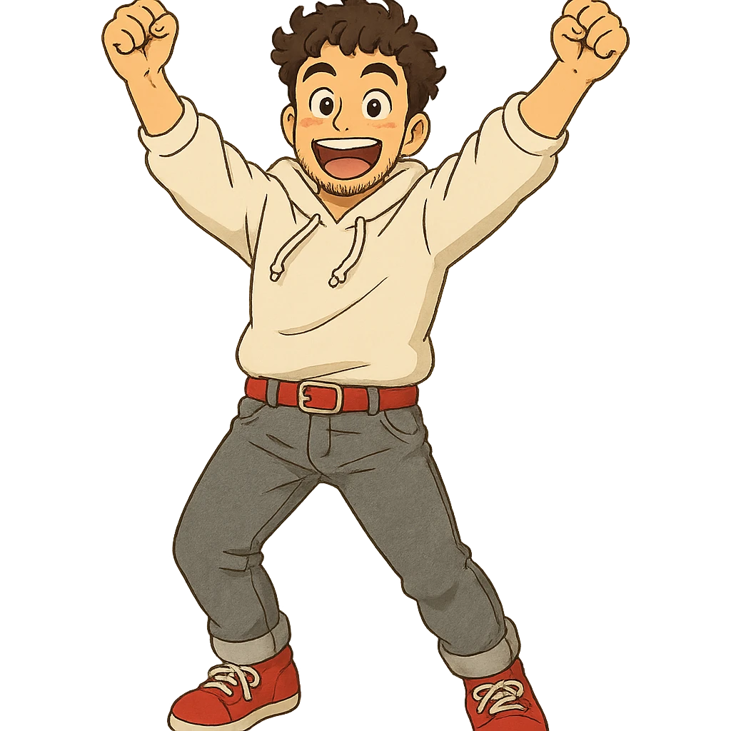 1 male, mid fade haircut dark chestnut brown curly hair, toasted lightskin, white hoodie sleeves up, gray fashion jeans, red fashion-sneakers shoes, red belt, short trimmed beard and goatee,  style of deku from "my hero academia",  doing a pose for a "happy" emote for twitch emoji