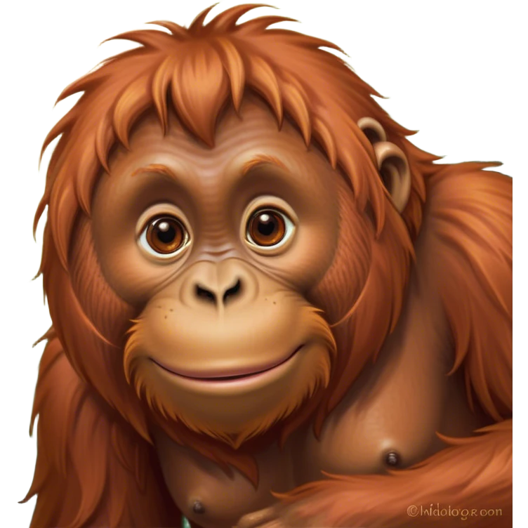 Cinematic Cute Orangutan Portrait Emoji, Head tilted playfully and inquisitively, with a gentle, expressive face accented by soft, flowing fur and round, sparkling eyes brimming with warmth, Simplified yet irresistibly adorable features, highly detailed, glowing with a warm, friendly glow, high shine, affectionate and lively, stylized with a touch of jungle whimsy, bright and endearing, soft glowing outline, capturing the essence of a mischievous yet loving orangutan that seems as if it could swing out of the screen into your arms! emoji