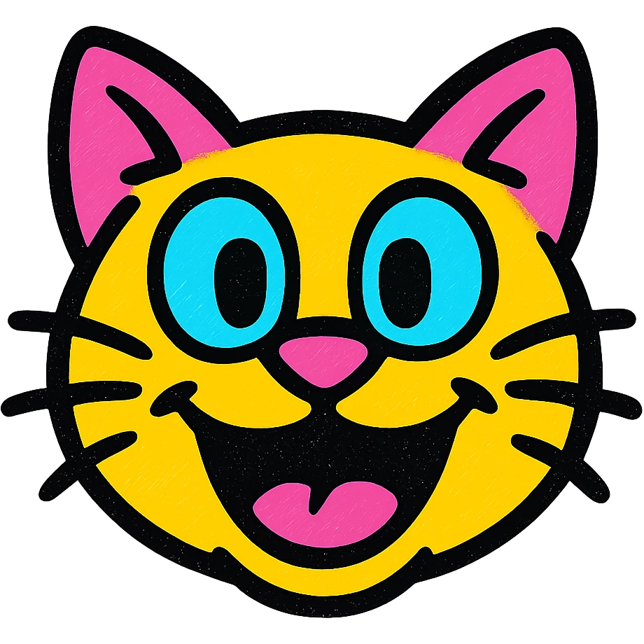playful cat face with big eyes, energetic and fun, pop colors style emoji