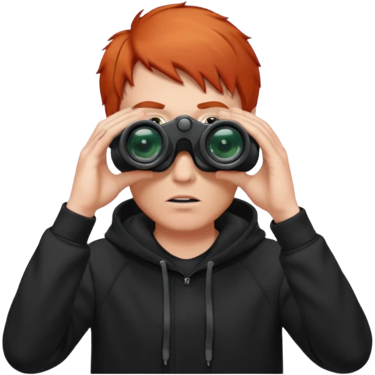 A red-haired, short-haired man without a beard, wearing a black hoodie, looks through binoculars emoji