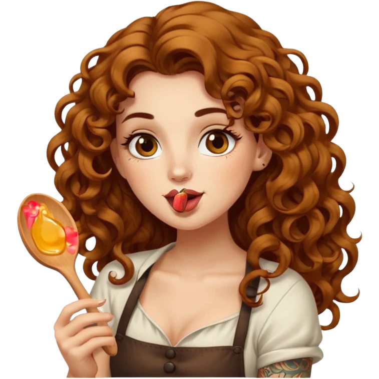 portrait woman long curly brown hair brown eyes white skin tattoos licking honey from wooden spoon, flirty emoji