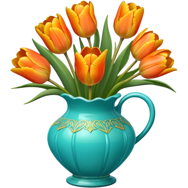 Bouquet of orange and yellow tulips in detailed, scalloped turquoise glass vase emoji