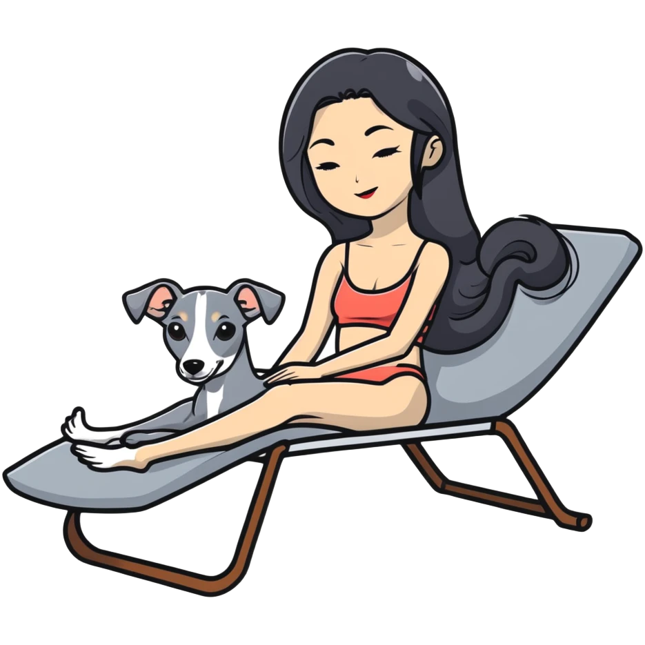 Very thin Chinese woman with long black hair relaxing on a spa lounger with exactly ONE Italian greyhound. CRITICAL REQUIREMENT: the dog must be ONLY ONE SOLID GREY COLOR from nose to tail with NO WHITE or LIGHT AREAS anywhere - NO white face, NO white muzzle, NO white chest, NO white paws, NO white tail tip - NOTHING BUT A SINGLE SHADE OF GREY throughout the entire animal emoji