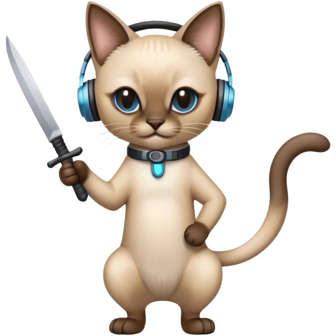 A Siamese cat with headphones stands on its hind legs, hides a knife behind its back and grins suspiciously emoji