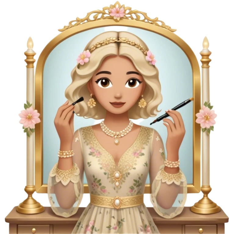  Middle Eastern-inspired moment of a woman getting ready in front of a mirror. She wears a delicate floral dress with sheer, flowy sleeves, accessorized with gold jewelry and traditional pearl-adorned hair clips. Her  as she applies mascara, her reflection revealing a soft smile.  emoji