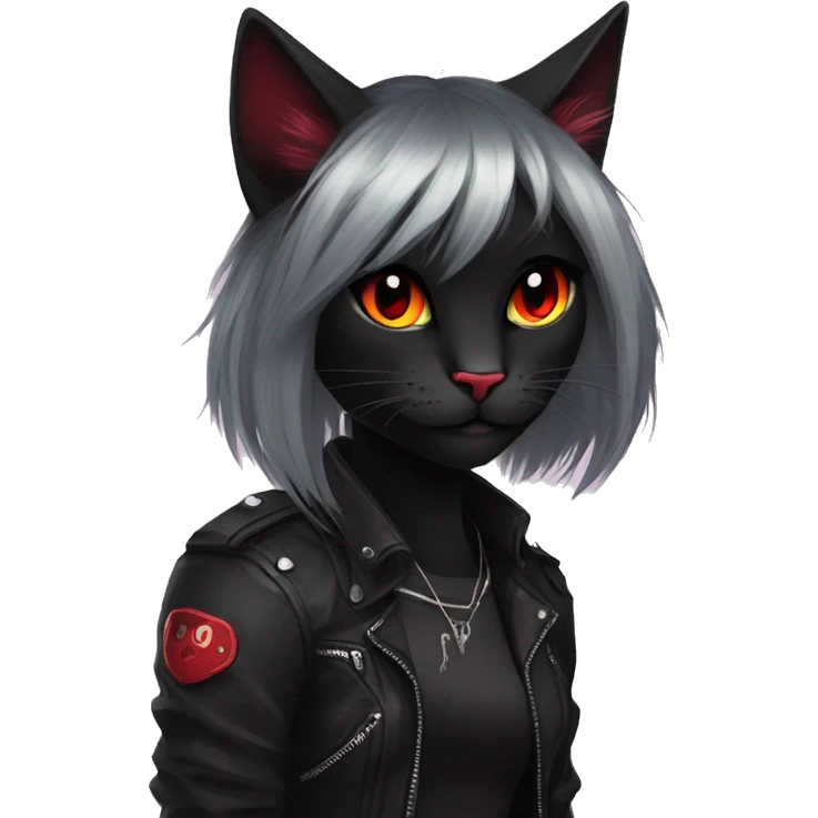 Anthro Edgy Cool Beautiful Black Cat-Fursona with Emo Hair-bangs with Red Streaks emoji
