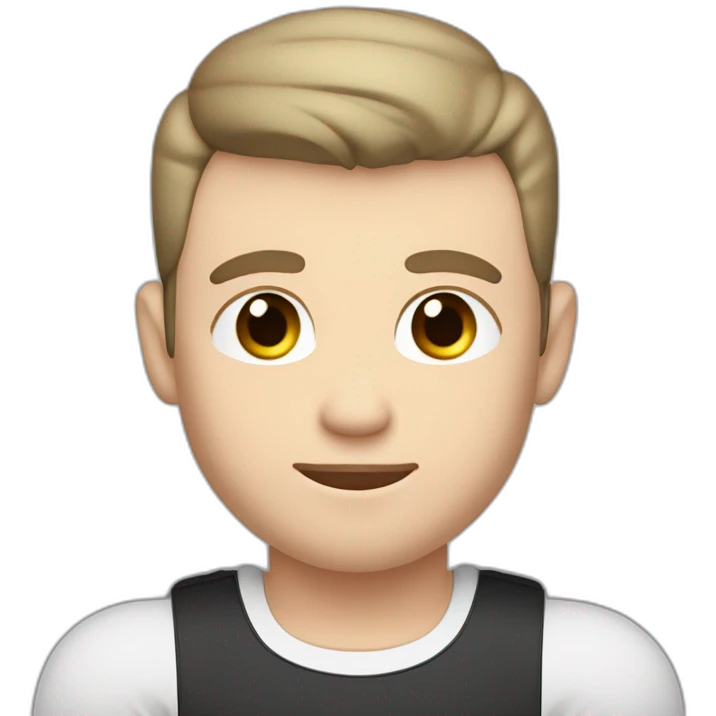 Pale skinned Fit Man With the biceps and dark brown hair in black shirt, gray sports shorts and white Sneakers His right hand touches his back of the head emoji