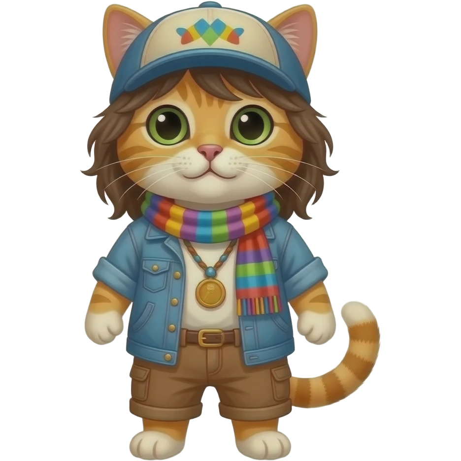 hippy cat with loose colourful hippy clothes, scarf, cap, front facing emoji