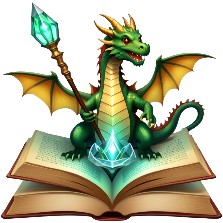 Icon for Fantasy and Sci-Fi Literature: a magical book with glowing pages, surrounded by a dragon, a spaceship, and a wizard with a staff. The icon should capture the adventurous and imaginative world of fantasy and science fiction. Transparent background. emoji