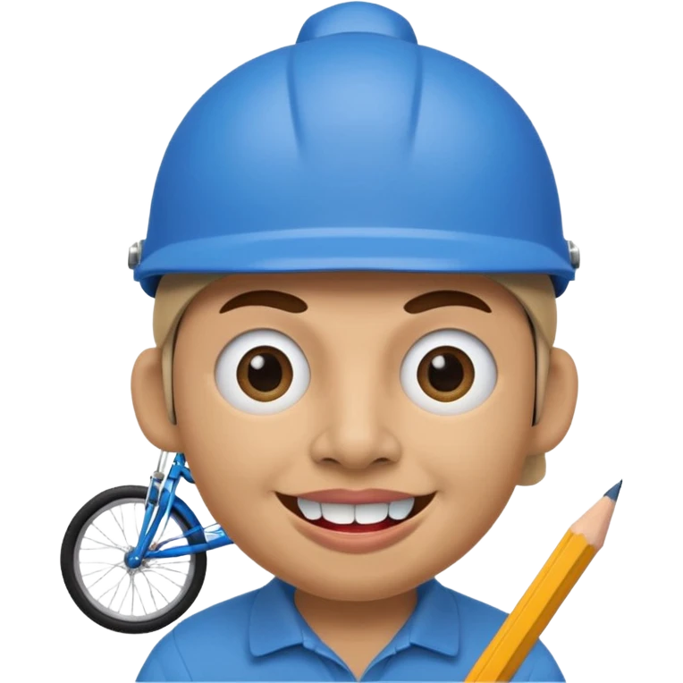 A round head puppet with 2 buck teeth a blue bike helmet and a round nose with a pencil in it also he has a unibrow and blue eyes emoji