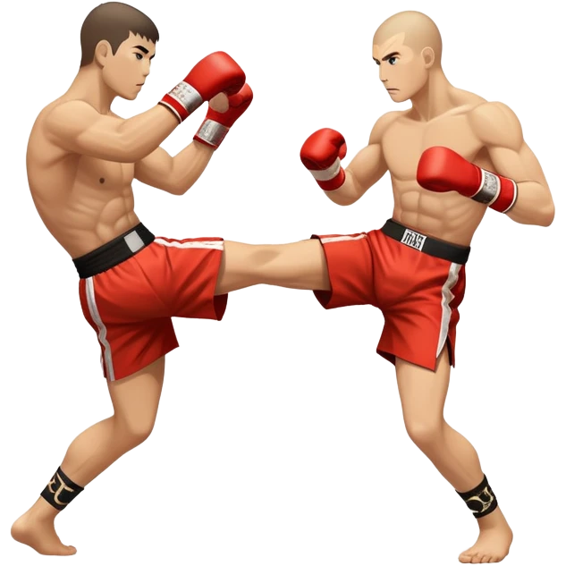 An icon showcasing a kickboxer in action, using precise techniques with both feet and elbows. One fighter delivers a powerful kick to the opponent's legs, while the other counters with an elbow strike. The background features a ring and a dynamic atmosphere. Transparent background  emoji