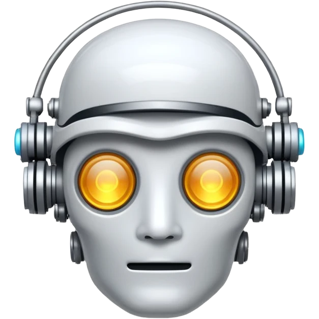 Emoji stylisé d'un cerveau robotique avec un circuit imprimé visible et un petit halo lumineux au-dessus, fond blanc emoji