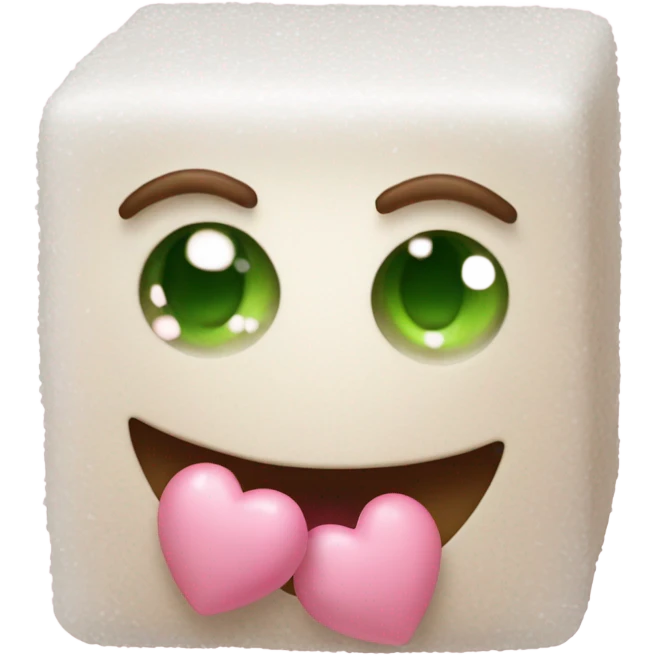 Sugar cube with granulated texture, pink hearts on cheeks, blushing smile, green and brown eyes with lashes emoji