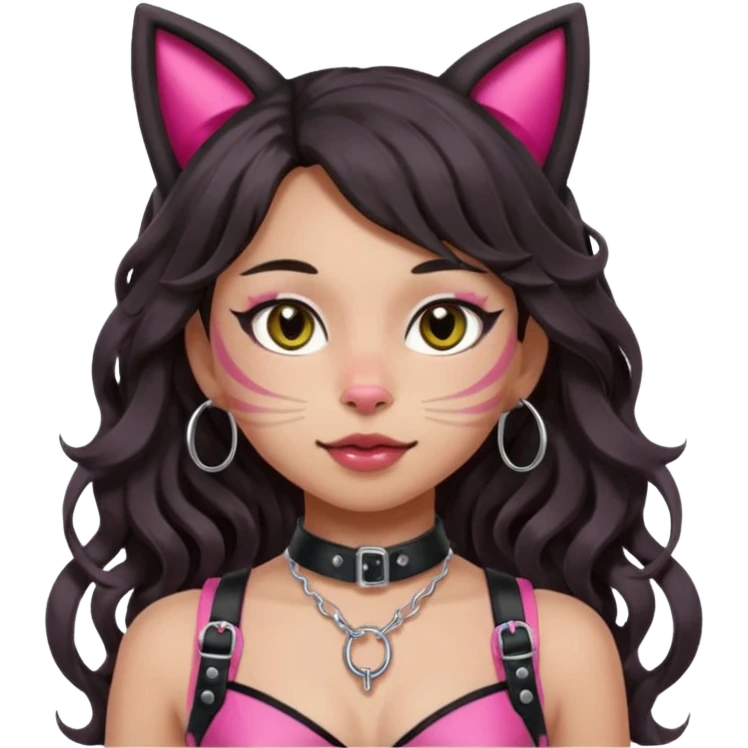 Remove all makeup and marks from the face so it is completely clean. Keep bangs, silver O-ring, light-medium Hispanic skin, long dark wavy hair, cat ears, and pink BDSM harness. Apple emoji style. emoji