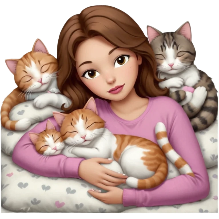 girl with long wavy brown hair, brown eyes, long lashes makeup, sexy pink lips, light to medium complexion,  sleeping on a cozy pillow, with 6 cats: 1 brown and white tabby cat, 1 ginger and white, 2 grey and white, 1 grey with white mittens and small white patch on chest and 1 calico, sleeping emoji