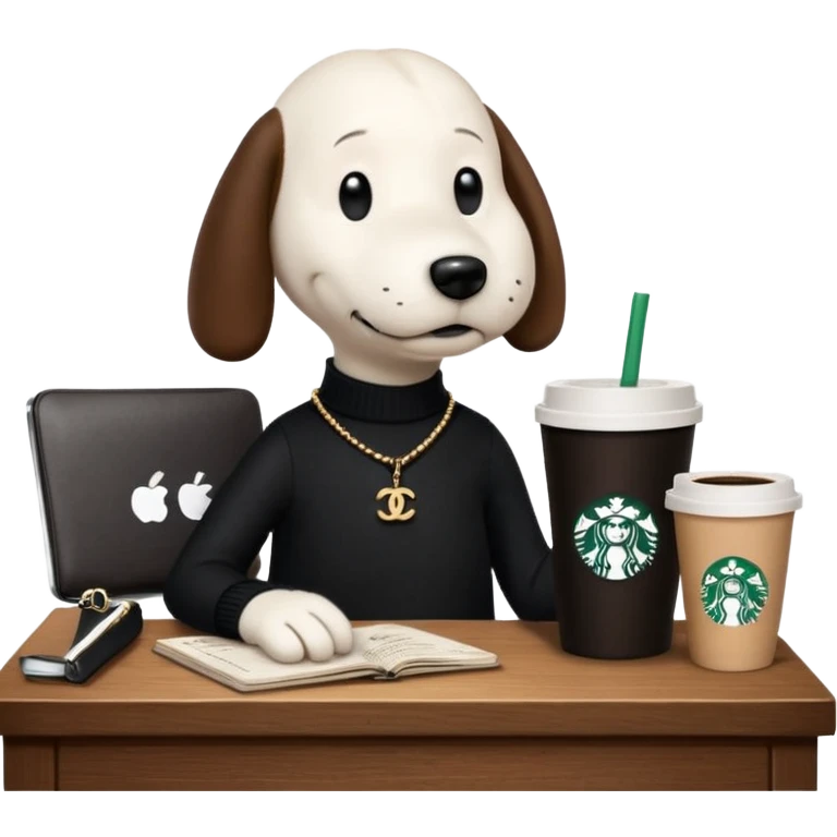 snoopy in a desk with starbucks and his chanel purse emoji