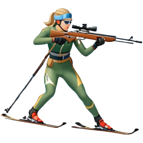 An icon featuring snow-covered trees, distant mountains, and a clear blue sky with a biathlete in motion, holding a rifle and skiing across a snowy course. Transparent background highlights the precision, endurance, and excitement of biathlon. emoji