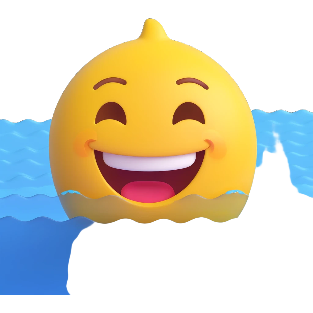 yellow smiling face emoji, happy expression, partially submerged in blue water with gentle waves around, simulating movement, dynamic and fun design emoji