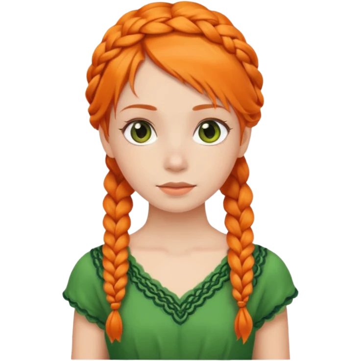 girl orange braid hair, green dress emoji