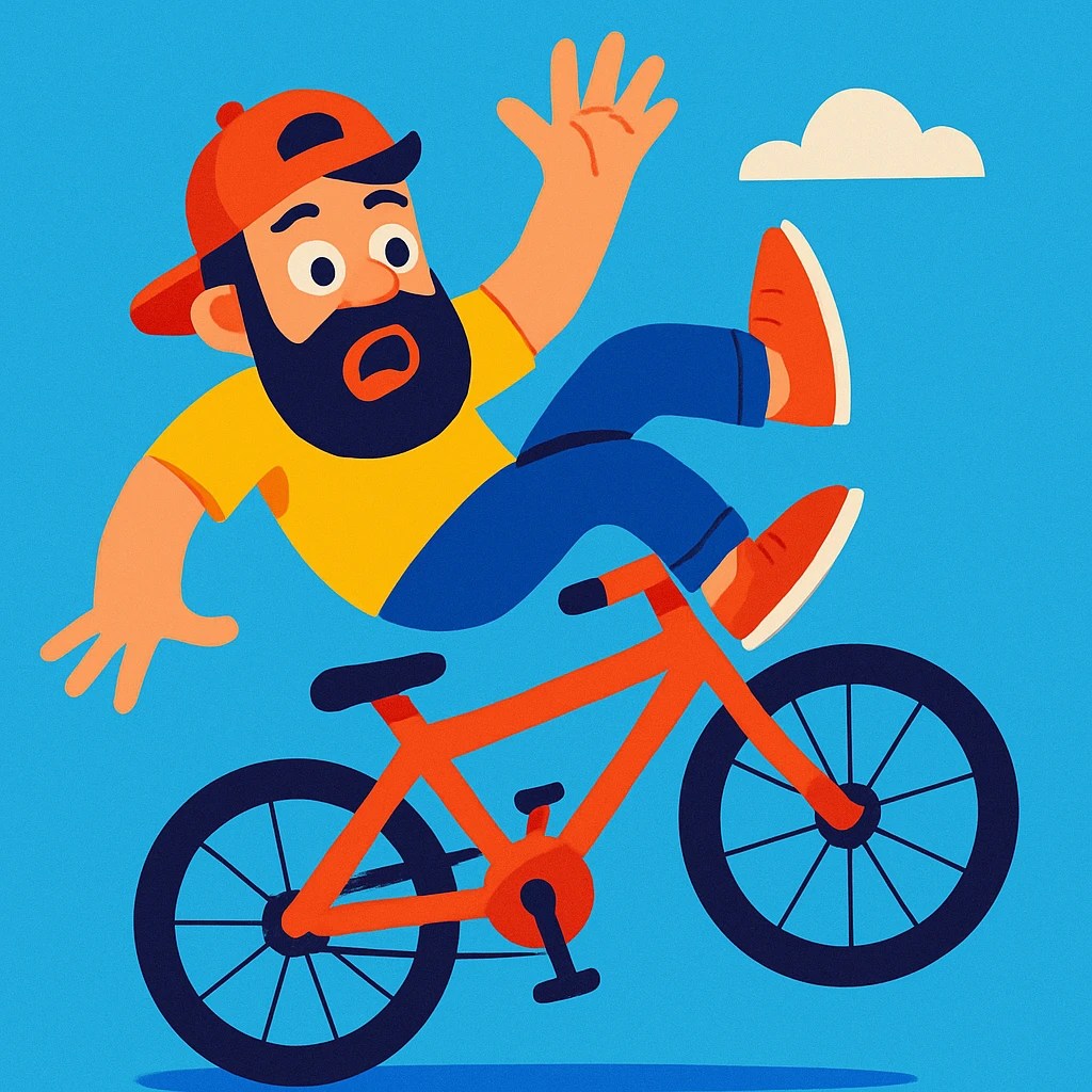 bearded guy falling off a bike, vibrant cartoon style emoji