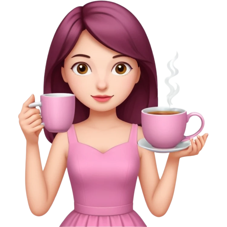 دختری با لباس صورتی و چایی بخوره با ماگ صورتی emoji