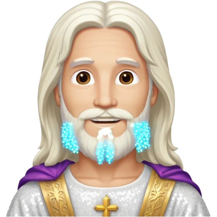 Jesus, Son of God from Gods and Goddesses with long white hair and beard, white sequin outfit emoji