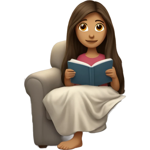 Brunette straight long haired girl reading a book on a couch with a side table that has a lamp on it. She is under a blanket, cozy and comfortable emoji