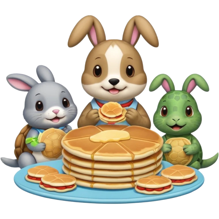 A seal, dog, bunny and turtle together eating pancakes emoji