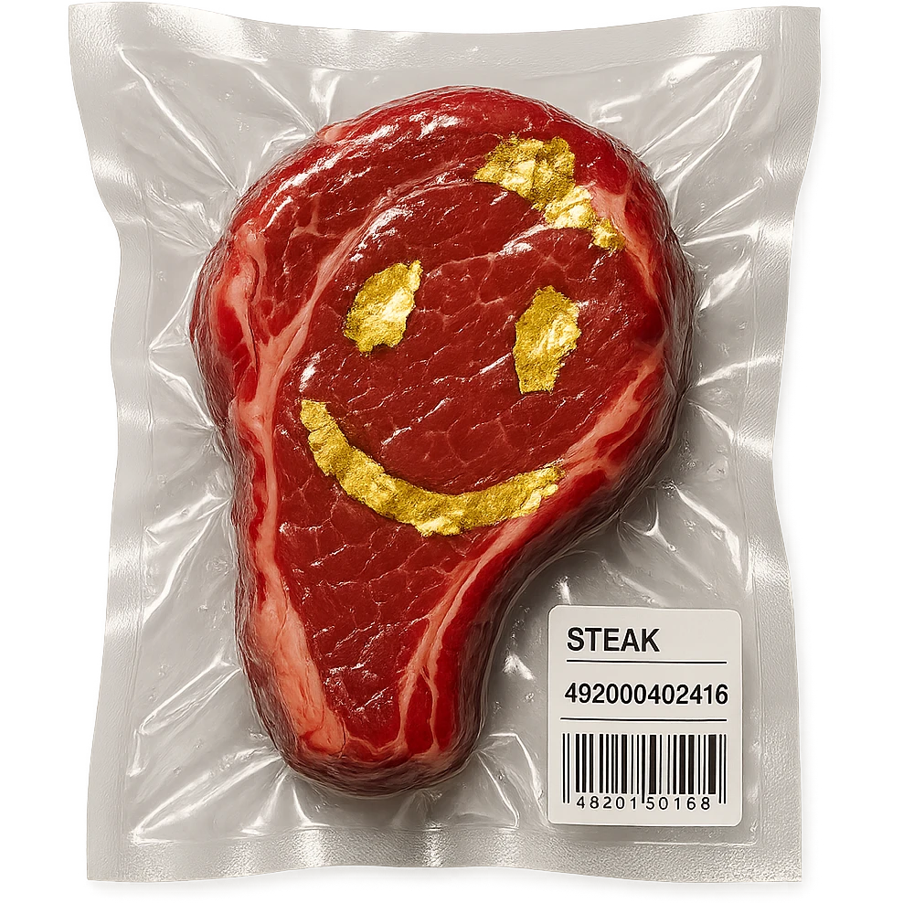 steak with gold leaf accents, glossy and inflated emoji