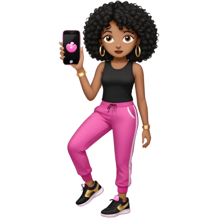 Black woman, adult, 4C black curly hair, dark brown eyes, wearing black top, pink pants, black sneakers, gold hoop earrings, iPhone emoji style emoji