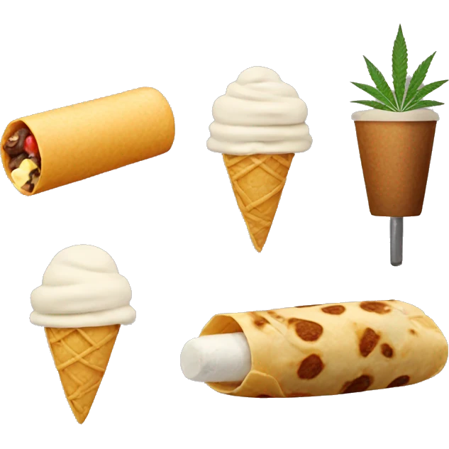 Burrito emoji, ice cream emoji, dumbbell, and marijuana emoji