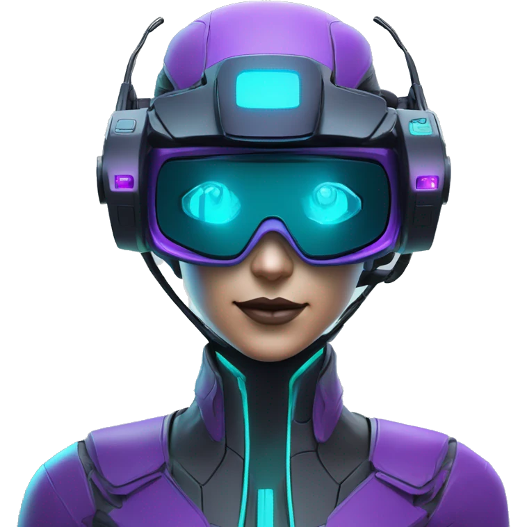 Secret humanoid agent in a futuristic hat with in Apple VR goggles headset code display on the goggles , cyberpunk, cyan and purple colors, only upper body portrait, front facing the camera  emoji