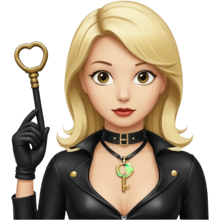 Dominatrix with blonde hair, latex outfit, old fashioned key necklace, and a whip emoji