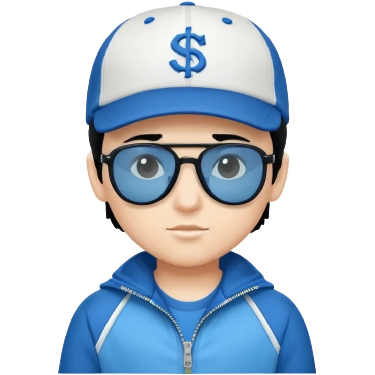 make a genmoji of a boy with a white baseball cap, black hair and a blue zipper jacket with black sunglasses emoji