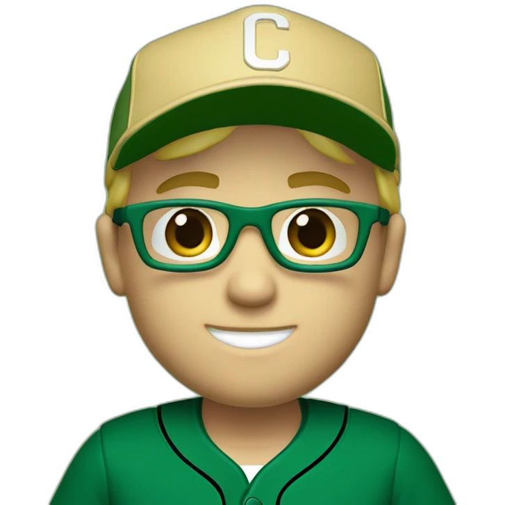 Blonde male, blue eyes, short hair with glasses. Dark green baseball uniform with hat and with "C" on the dark green hat. make the style slightly 3D with a diagonal angle. Crop from chest up emoji